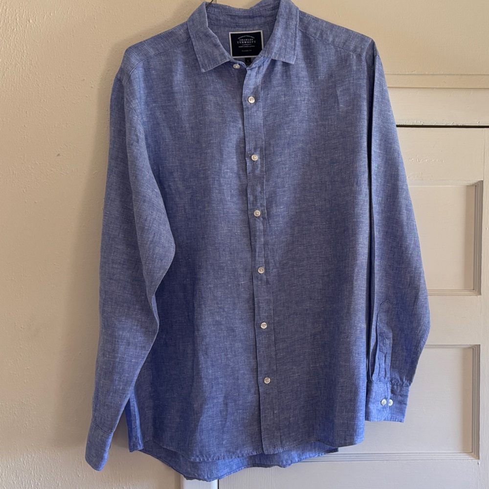 Charles Tyrwhitt Casual Linen Blue Button-Down Shirt
